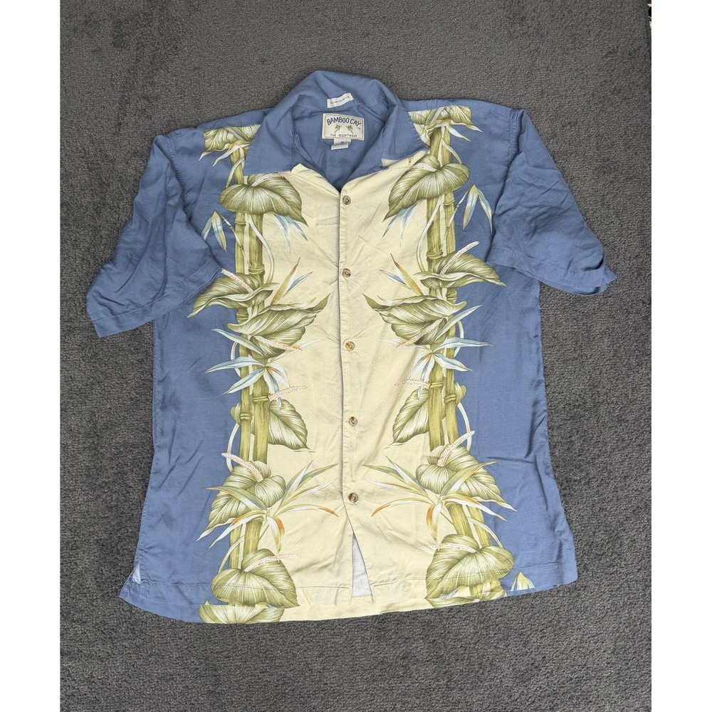 Bamboo Cay Mens Medium Blue Cream Tropical Bamboo Floral Rayon Camp Shirt
